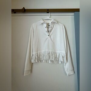 NWT White Bedazzled Fringe Long Sleeve Pullover Top, Western Top, Rodeo Top